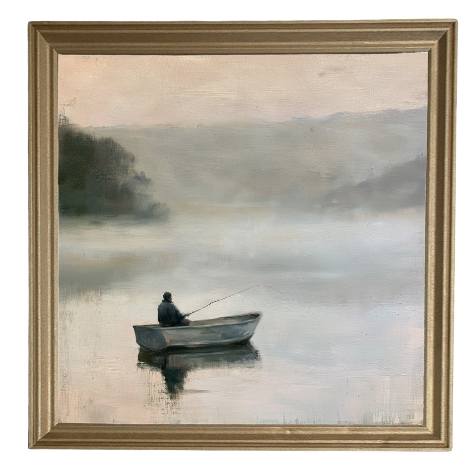 farmhouse landscape oil painting with loose, restrained brushwork in neutral tones, framed — product view 8