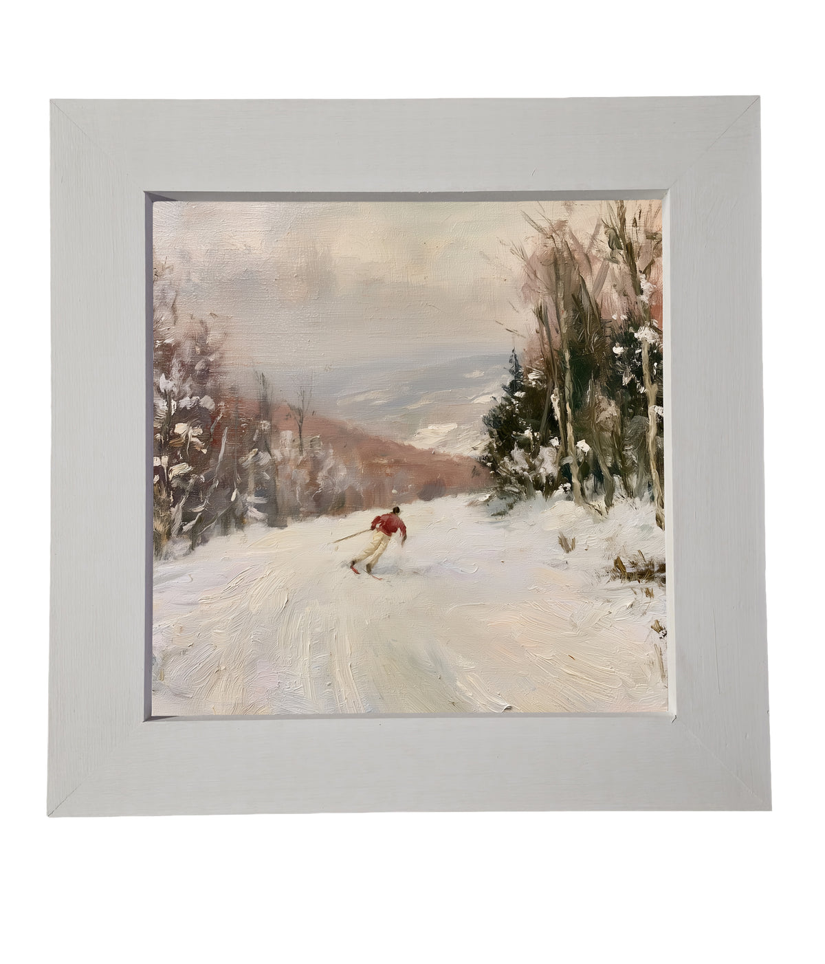 Traditional oil painting with loose, restrained brushwork in neutral and gold tones, framed for farmhouse decor