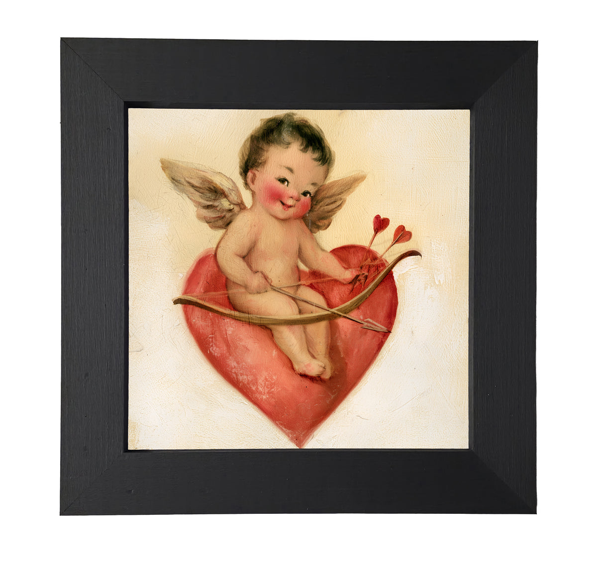 vintage-style framed art of a cheerful Cupid sitting playfully, rustic farmhouse frame — product view 7