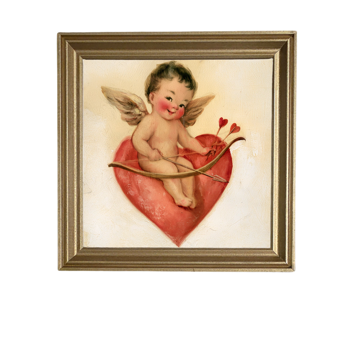 vintage-style framed art of a cheerful Cupid sitting playfully, rustic farmhouse frame — product view 6