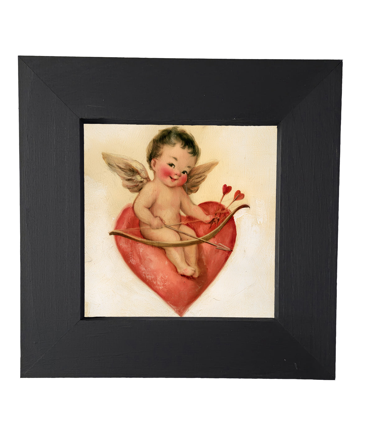 vintage-style framed art of a cheerful Cupid sitting playfully, rustic farmhouse frame — product view 5