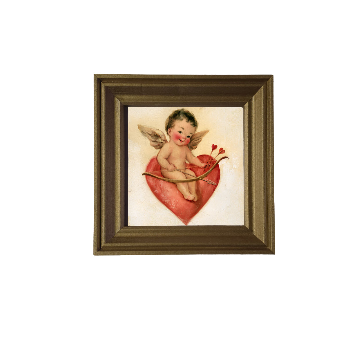 vintage-style framed art of a cheerful Cupid sitting playfully, rustic farmhouse frame — product view 3