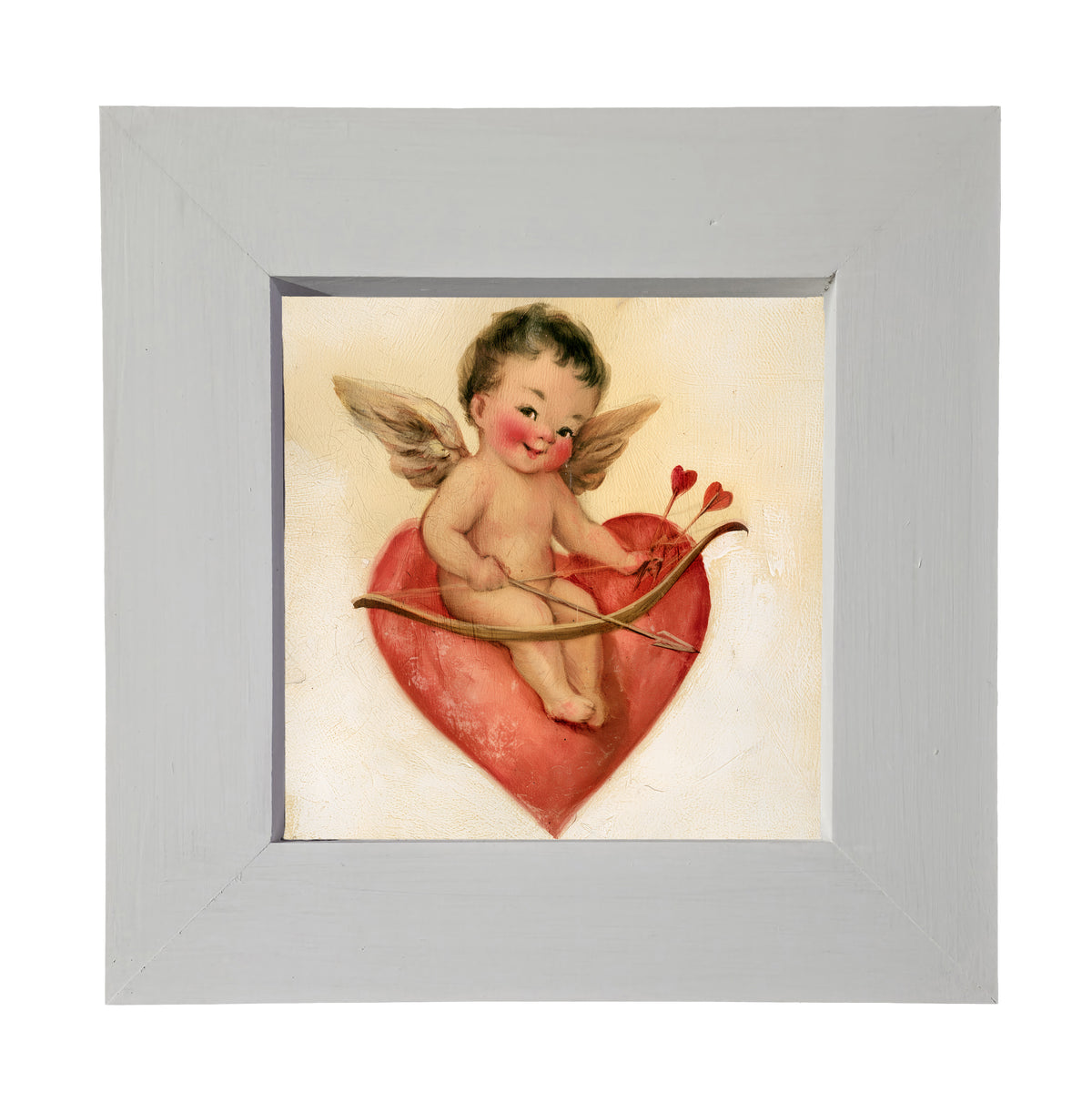 vintage-style framed art of a cheerful Cupid sitting playfully, rustic farmhouse frame — product view 4