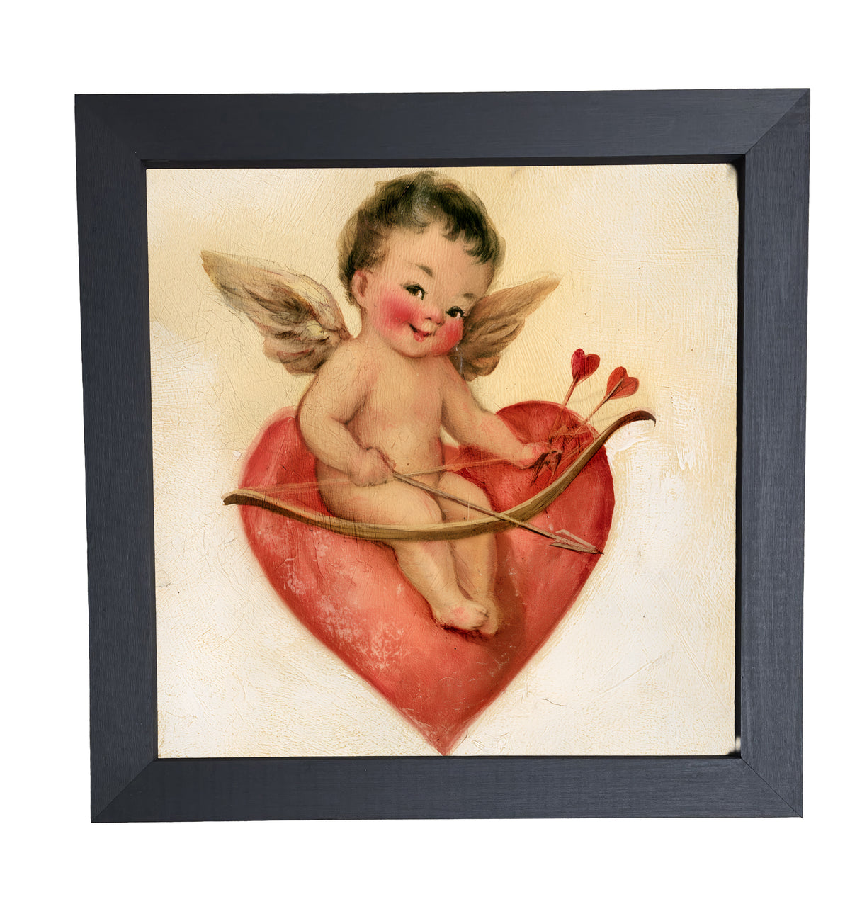 vintage-style framed art of a cheerful Cupid sitting playfully, rustic farmhouse frame — product view 10