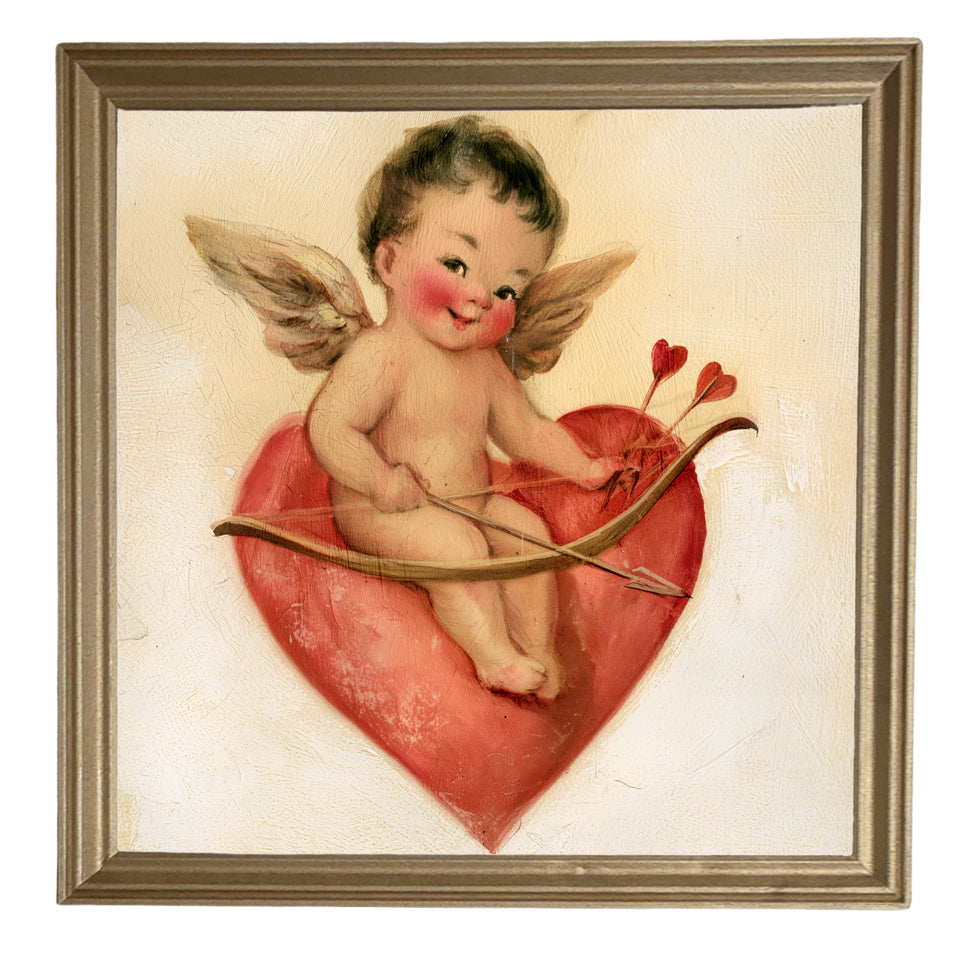 vintage-style framed art of a cheerful Cupid sitting playfully, rustic farmhouse frame — product view 8