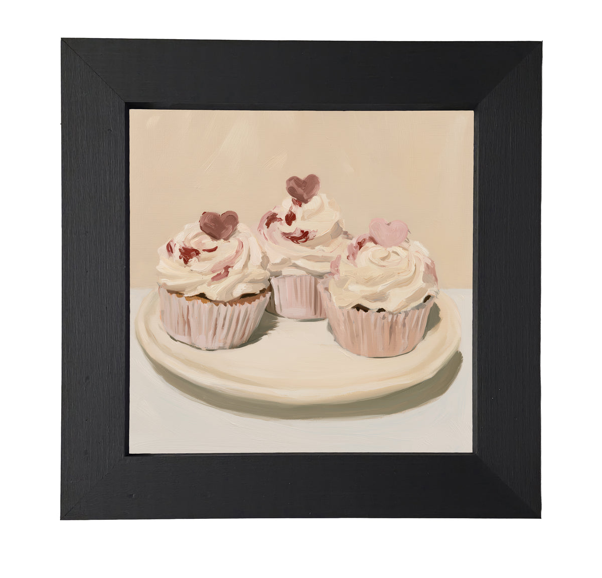 Three vintage-style Valentine cupcakes with heart decorations in a rustic farmhouse frame