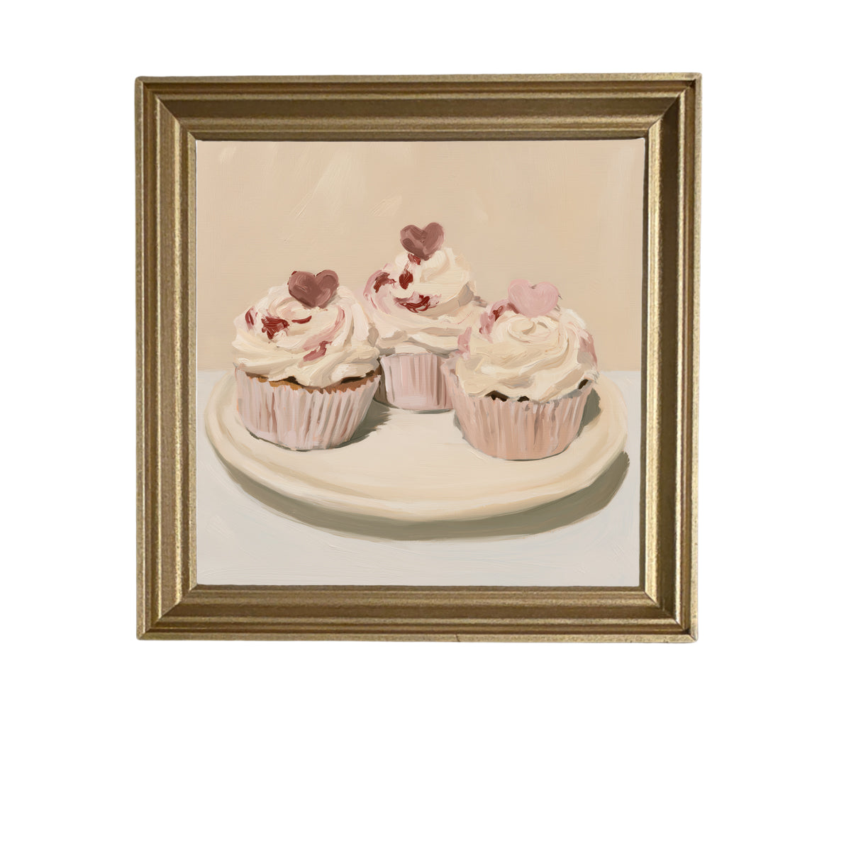 Three vintage-style Valentine cupcakes with heart decorations in a rustic farmhouse frame — product view 6