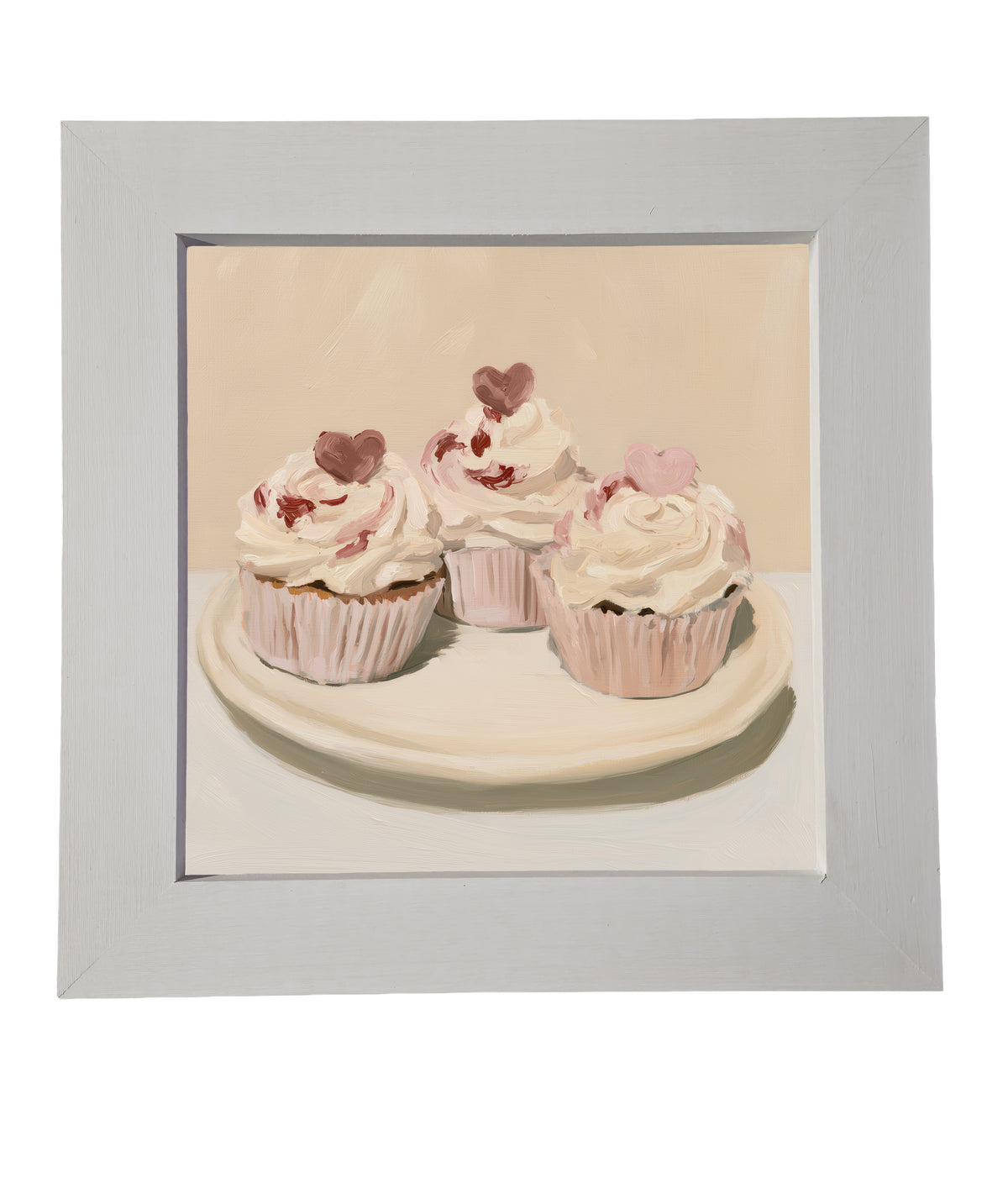 Three vintage-style Valentine cupcakes with heart decorations in a rustic farmhouse frame — product view 7