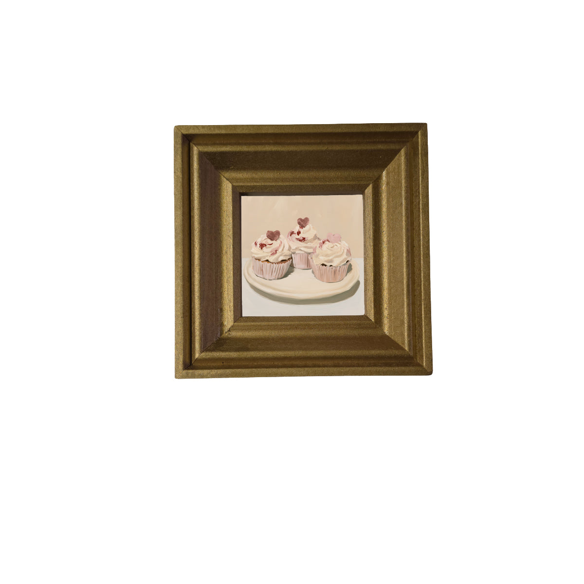 Three vintage-style Valentine cupcakes with heart decorations in a rustic farmhouse frame — product view 2