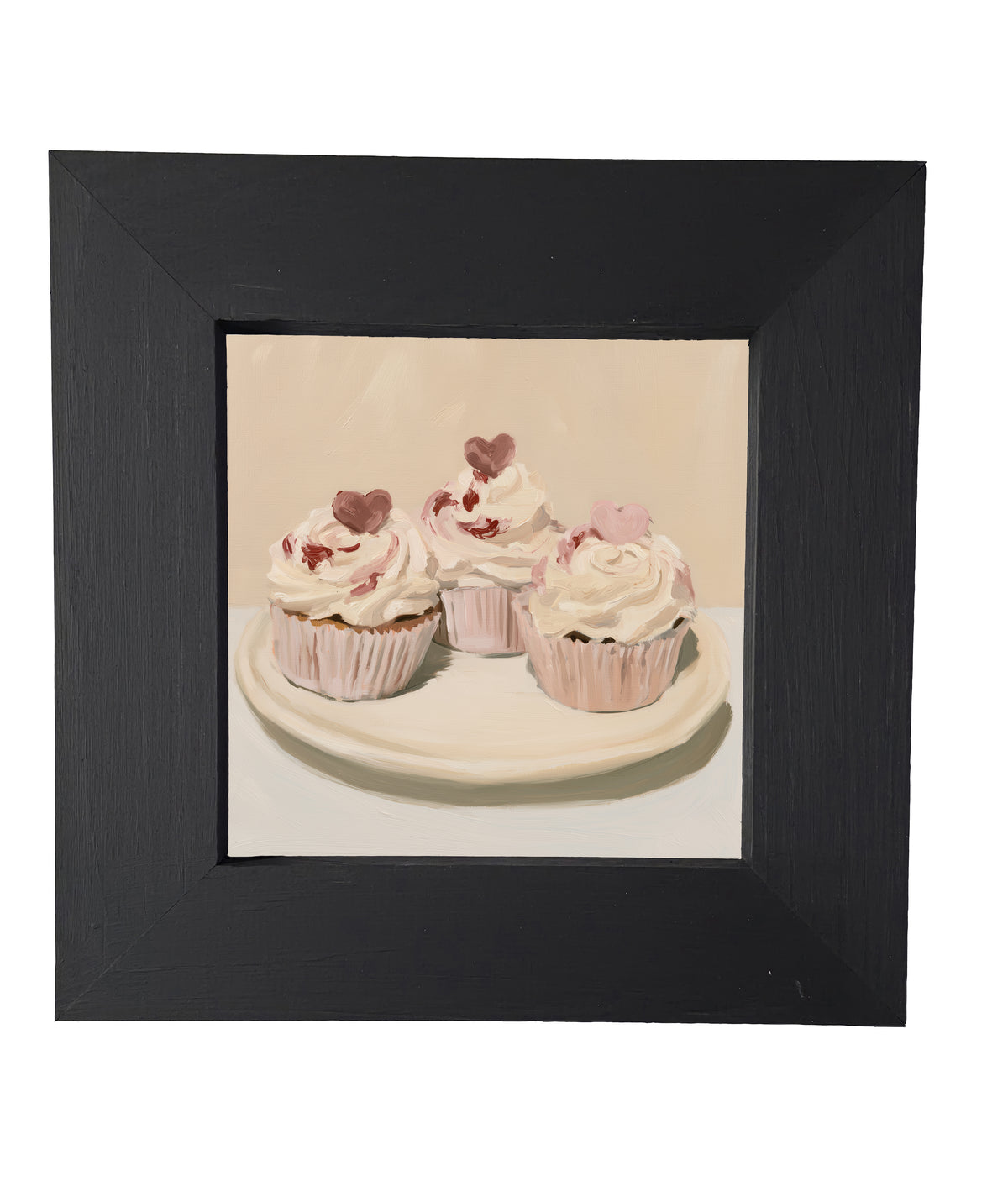 Three vintage-style Valentine cupcakes with heart decorations in a rustic farmhouse frame — product view 5