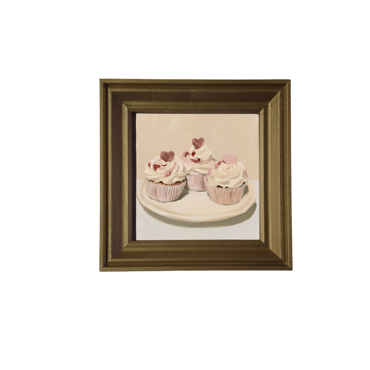 Three vintage-style Valentine cupcakes with heart decorations in a rustic farmhouse frame — product view 3
