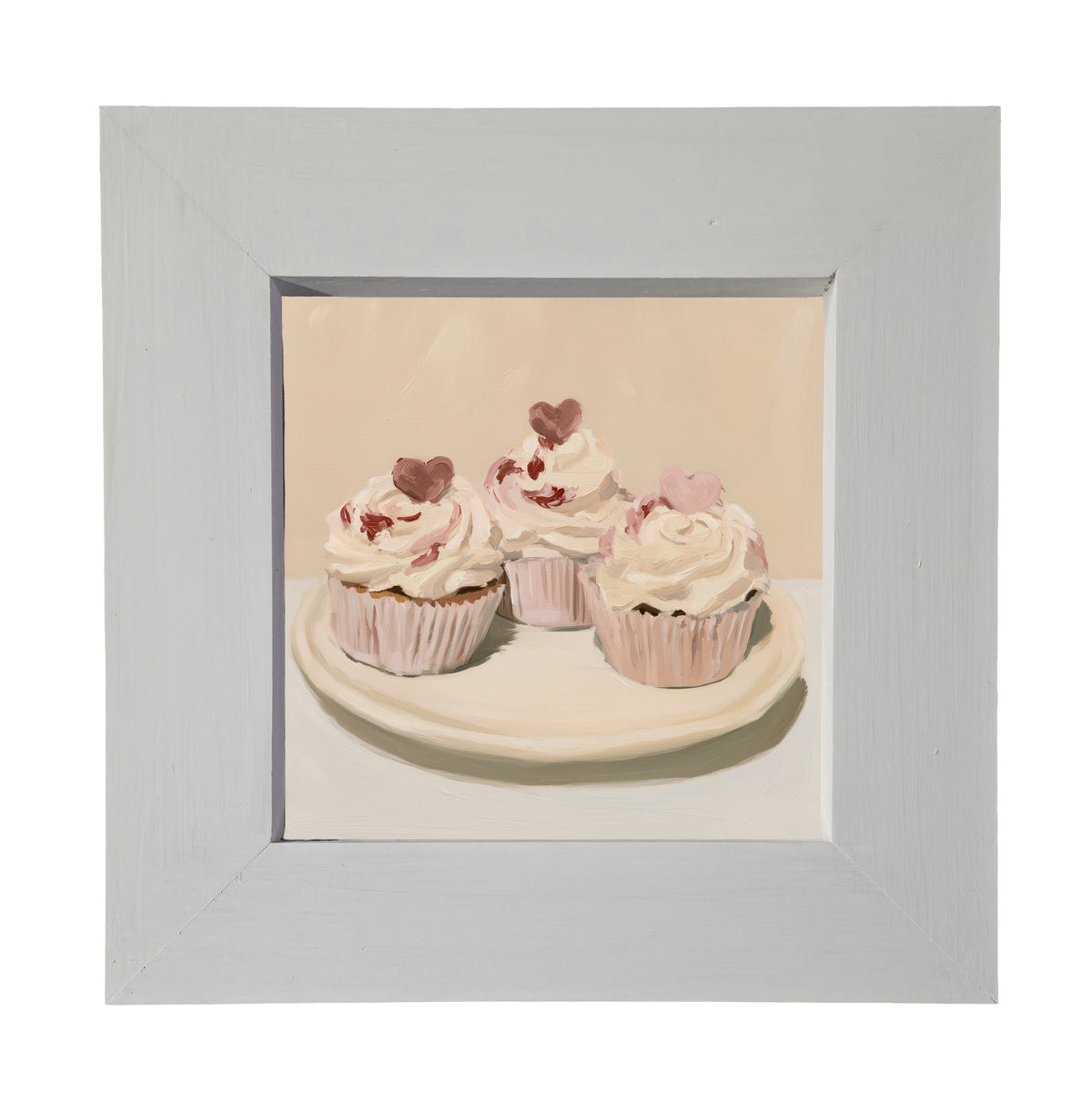 Three vintage-style Valentine cupcakes with heart decorations in a rustic farmhouse frame — product view 4