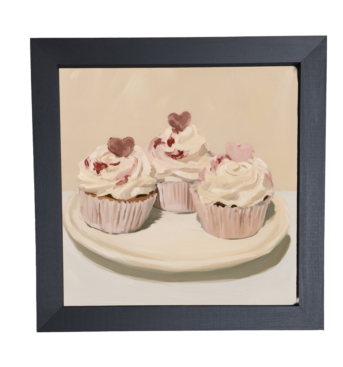 Three vintage-style Valentine cupcakes with heart decorations in a rustic farmhouse frame — product view 10