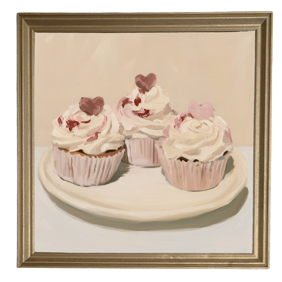 Three vintage-style Valentine cupcakes with heart decorations in a rustic farmhouse frame — product view 8