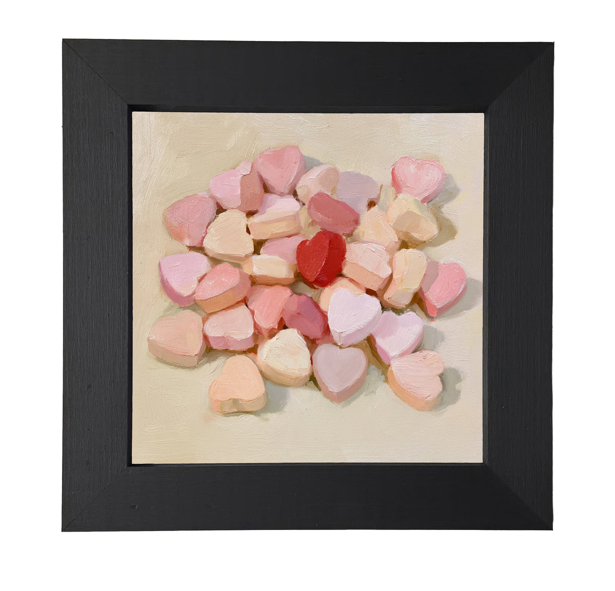 Painterly artwork of pastel heart-shaped candies in pink, red, cream, and peach tones. — product view 7