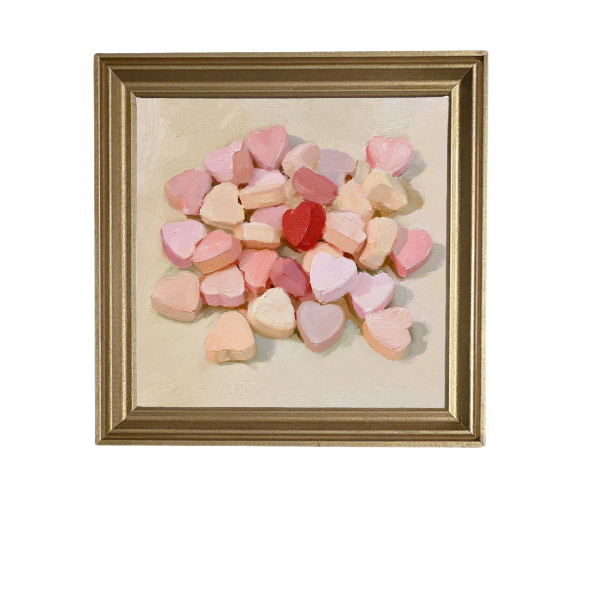 Painterly artwork of pastel heart-shaped candies in pink, red, cream, and peach tones.
