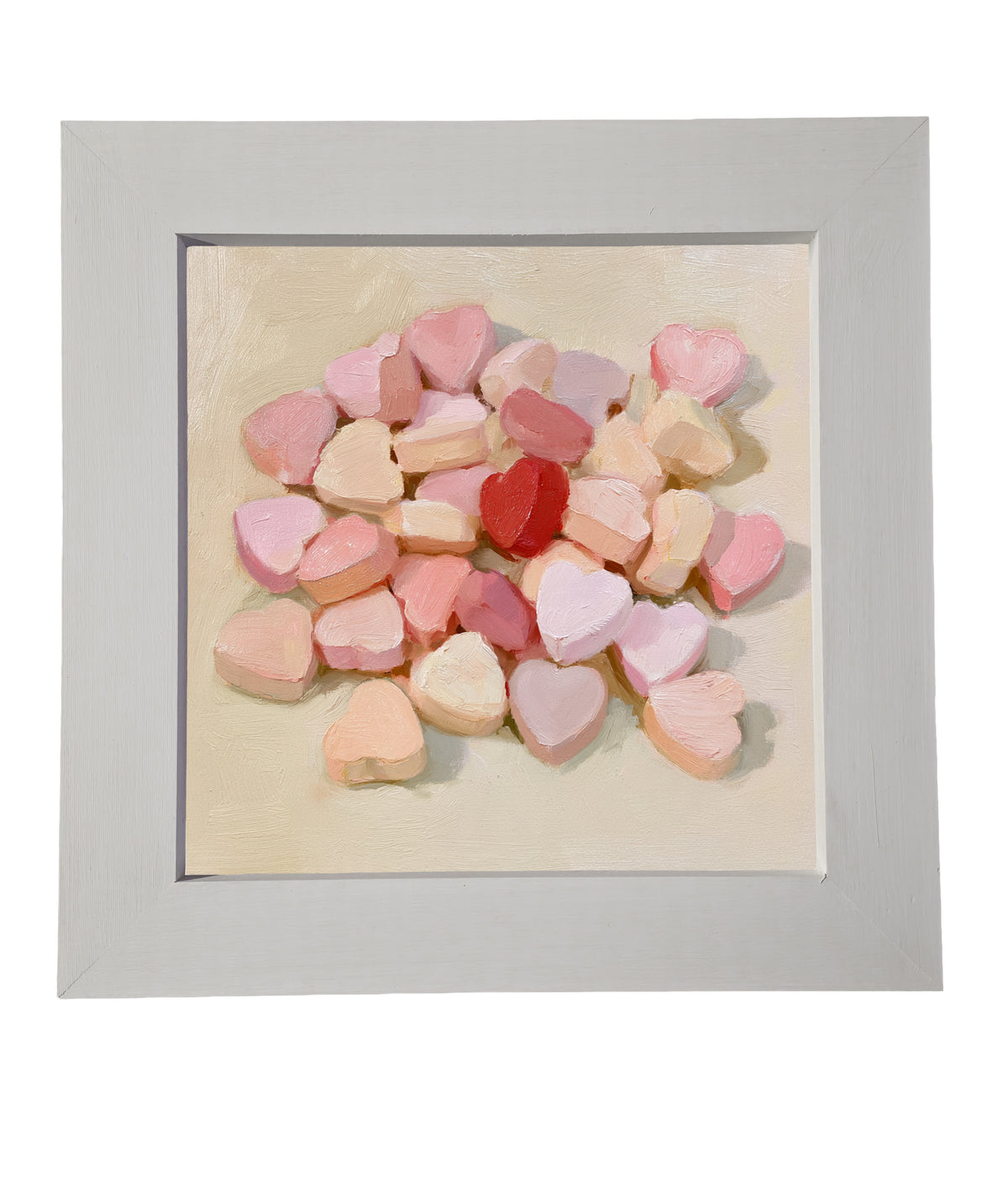 Painterly artwork of pastel heart-shaped candies in pink, red, cream, and peach tones. — product view 6