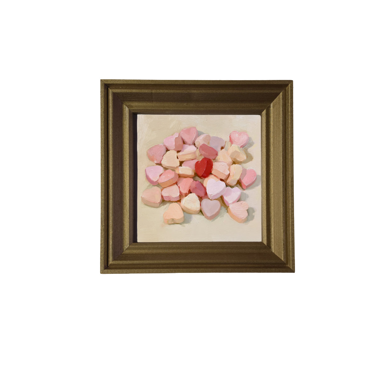Painterly artwork of pastel heart-shaped candies in pink, red, cream, and peach tones. — product view 3