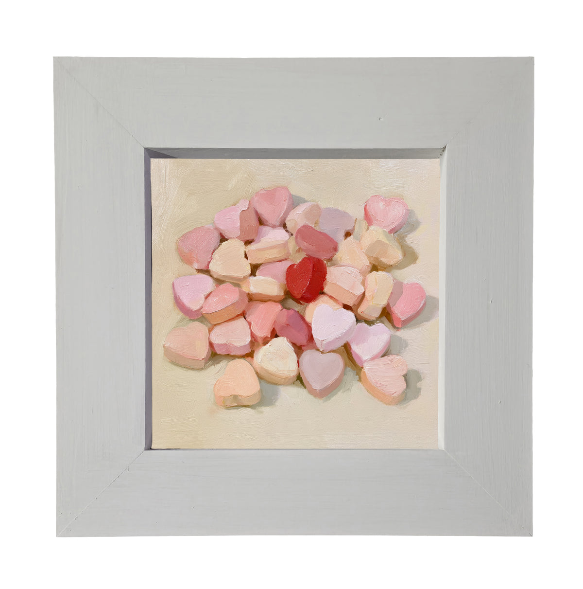 Painterly artwork of pastel heart-shaped candies in pink, red, cream, and peach tones. — product view 4