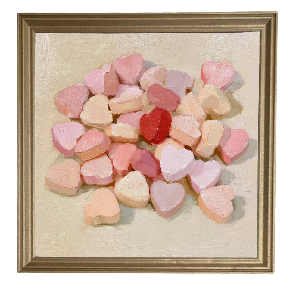 Painterly artwork of pastel heart-shaped candies in pink, red, cream, and peach tones. — product view 8