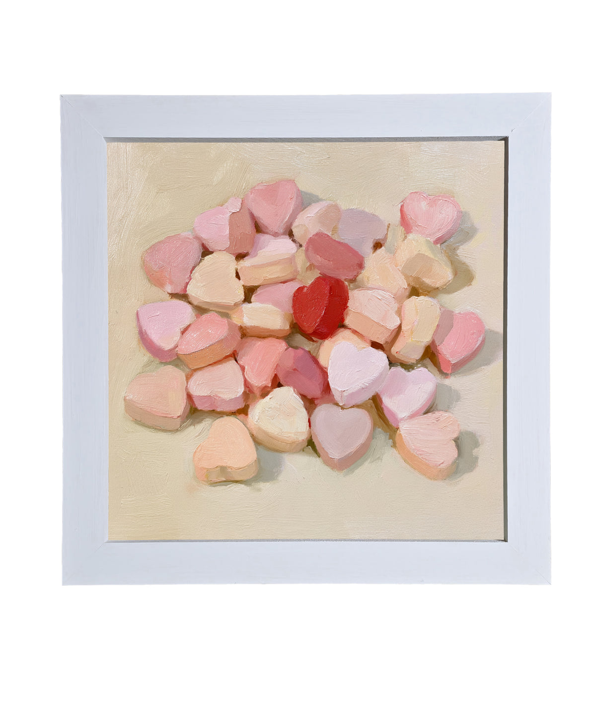 Painterly artwork of pastel heart-shaped candies in pink, red, cream, and peach tones. — product view 9