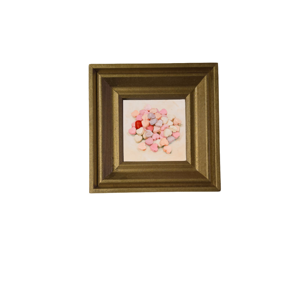 Old-fashioned pastel conversation hearts arranged in a rustic framed artwork — product view 2
