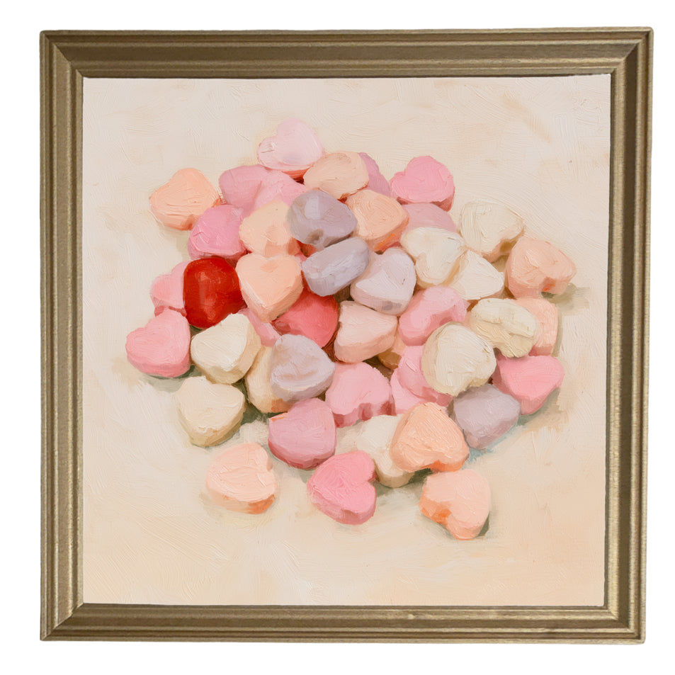 Old-fashioned pastel conversation hearts arranged in a rustic framed artwork — product view 8