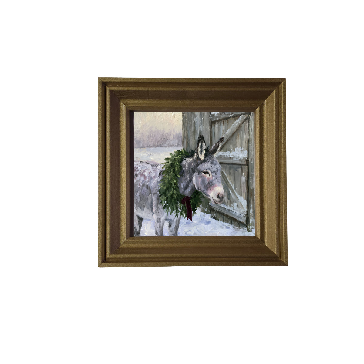 Gentle gray donkey standing peacefully, framed in farmhouse-style for Christmas — product view 2