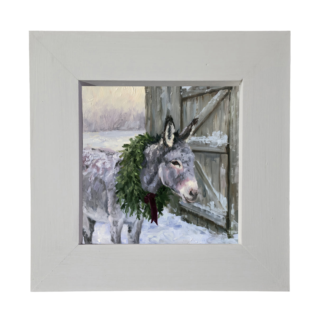 Gentle gray donkey standing peacefully, framed in farmhouse-style for Christmas — product view 3