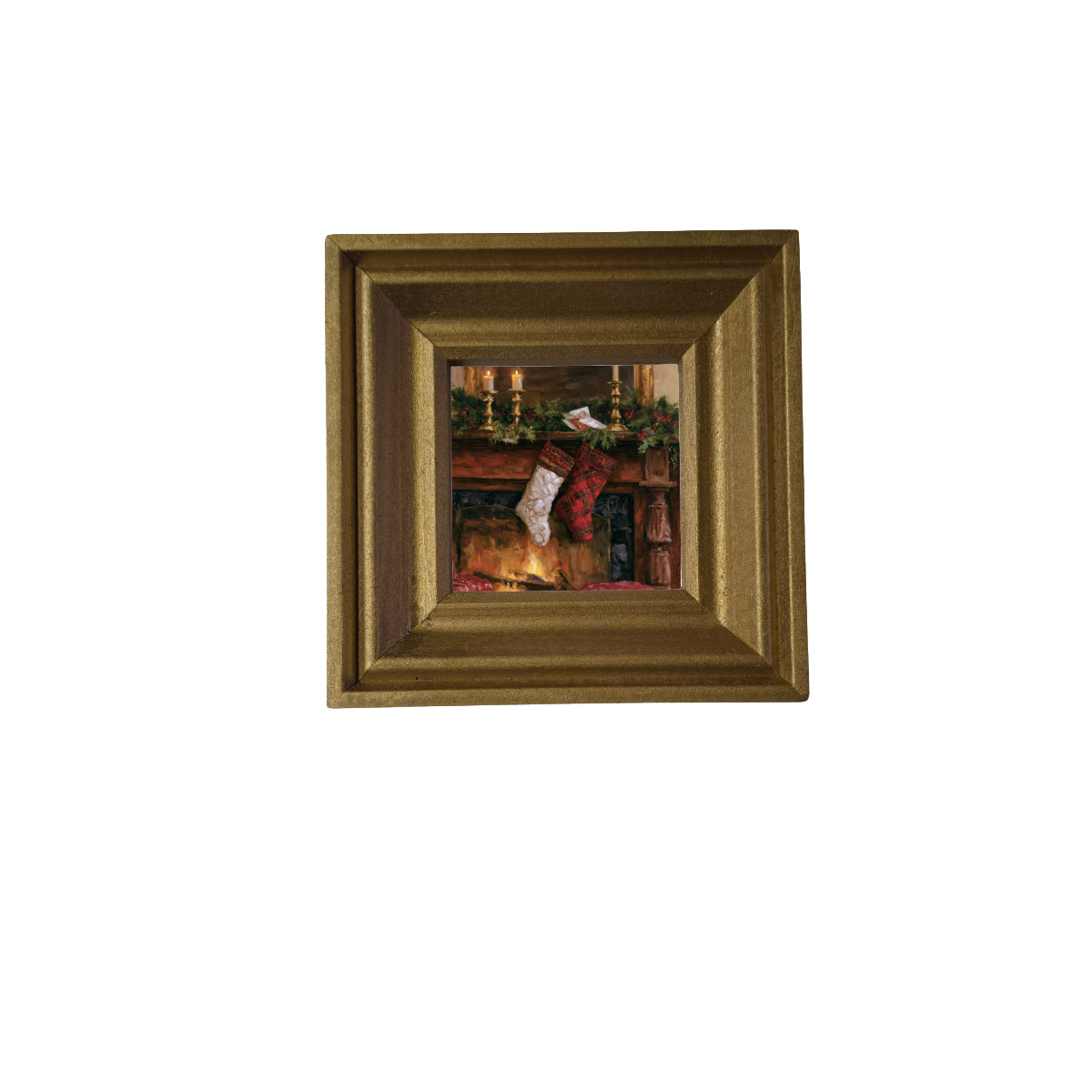 Rustic farmhouse Christmas still life with red, green, and gold accents in a handcrafted wood frame