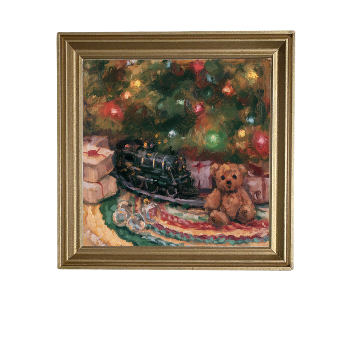 Classic electric toy train circling a Christmas tree in rustic farmhouse style — product view 5