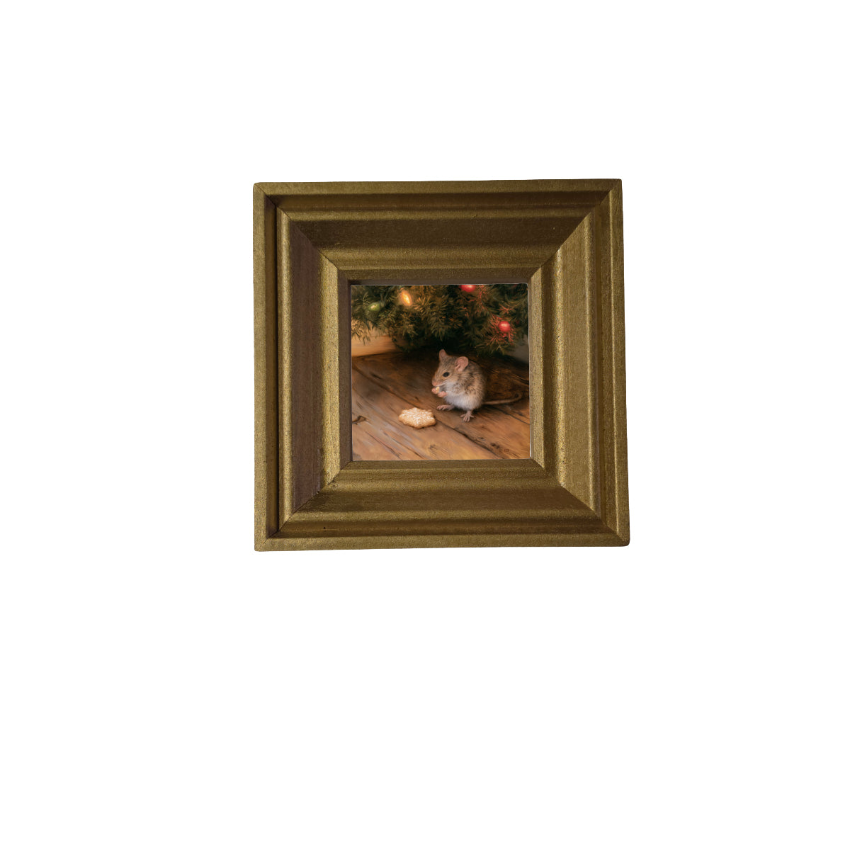 Realistic field mouse beside a snowy scene in a rustic wood frame