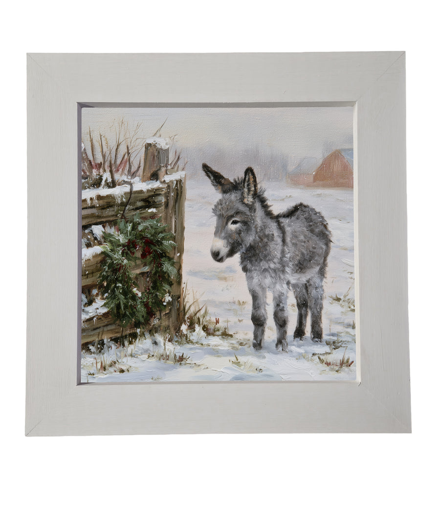 Young gray donkey standing beside an older donkey in a rustic farmhouse setting — product view 6