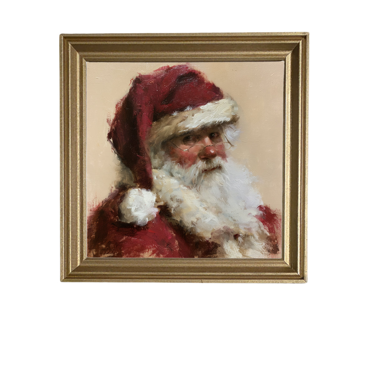 Traditional portrait of Santa Claus in red and white, framed in farmhouse wood
