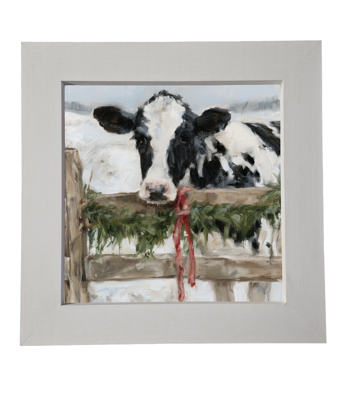 Black-and-white Holstein cow in rustic farmhouse Christmas wall art