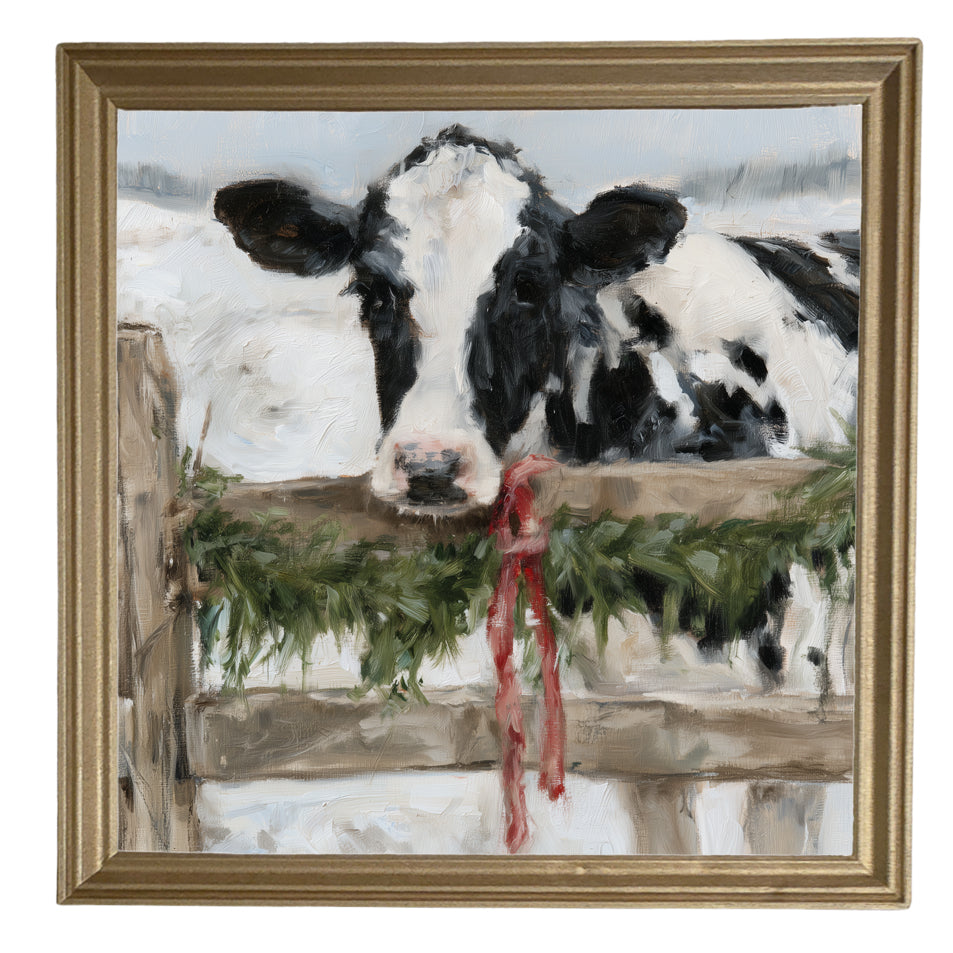 Black-and-white Holstein cow in rustic farmhouse Christmas wall art — product view 8