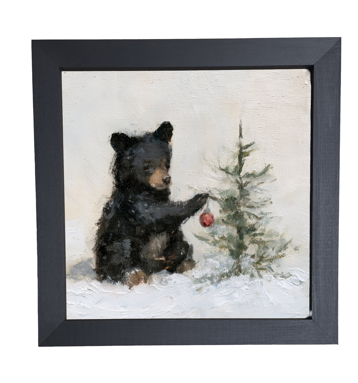 young black bear sitting in a rustic winter landscape, framed for Christmas decor — product view 10