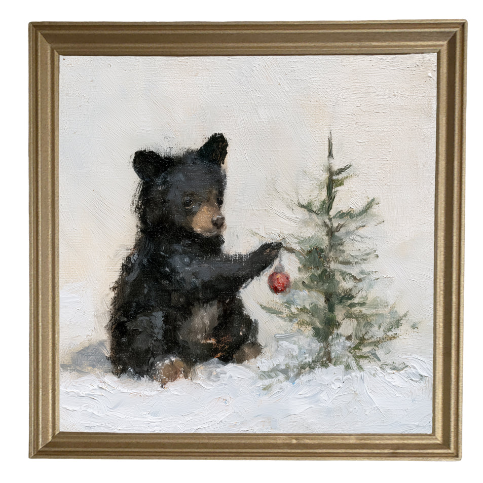 young black bear sitting in a rustic winter landscape, framed for Christmas decor — product view 8