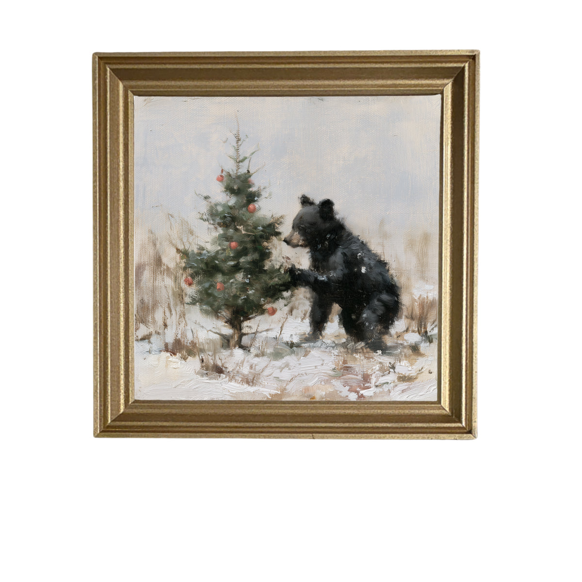 young black bear standing in rustic woodland greenery, framed for Christmas decor