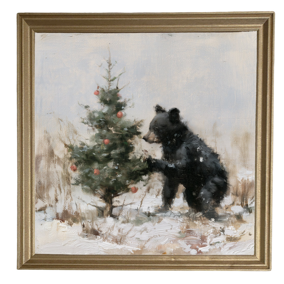 young black bear standing in rustic woodland greenery, framed for Christmas decor — product view 8