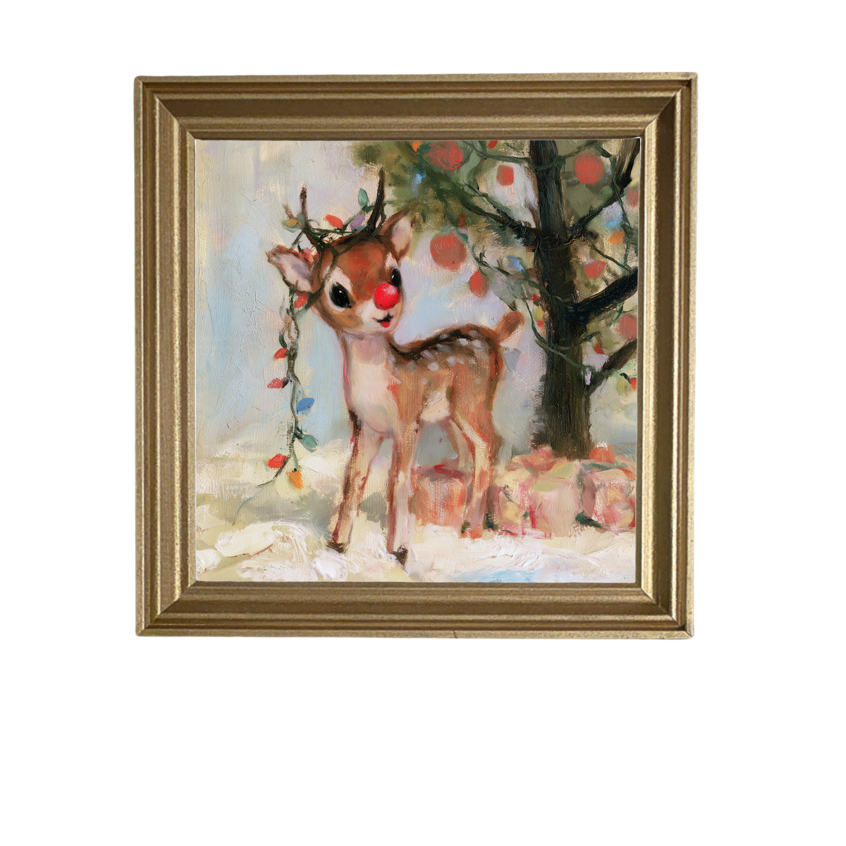 Playful red-nosed reindeer standing in a rustic woodland winter scene — product view 6