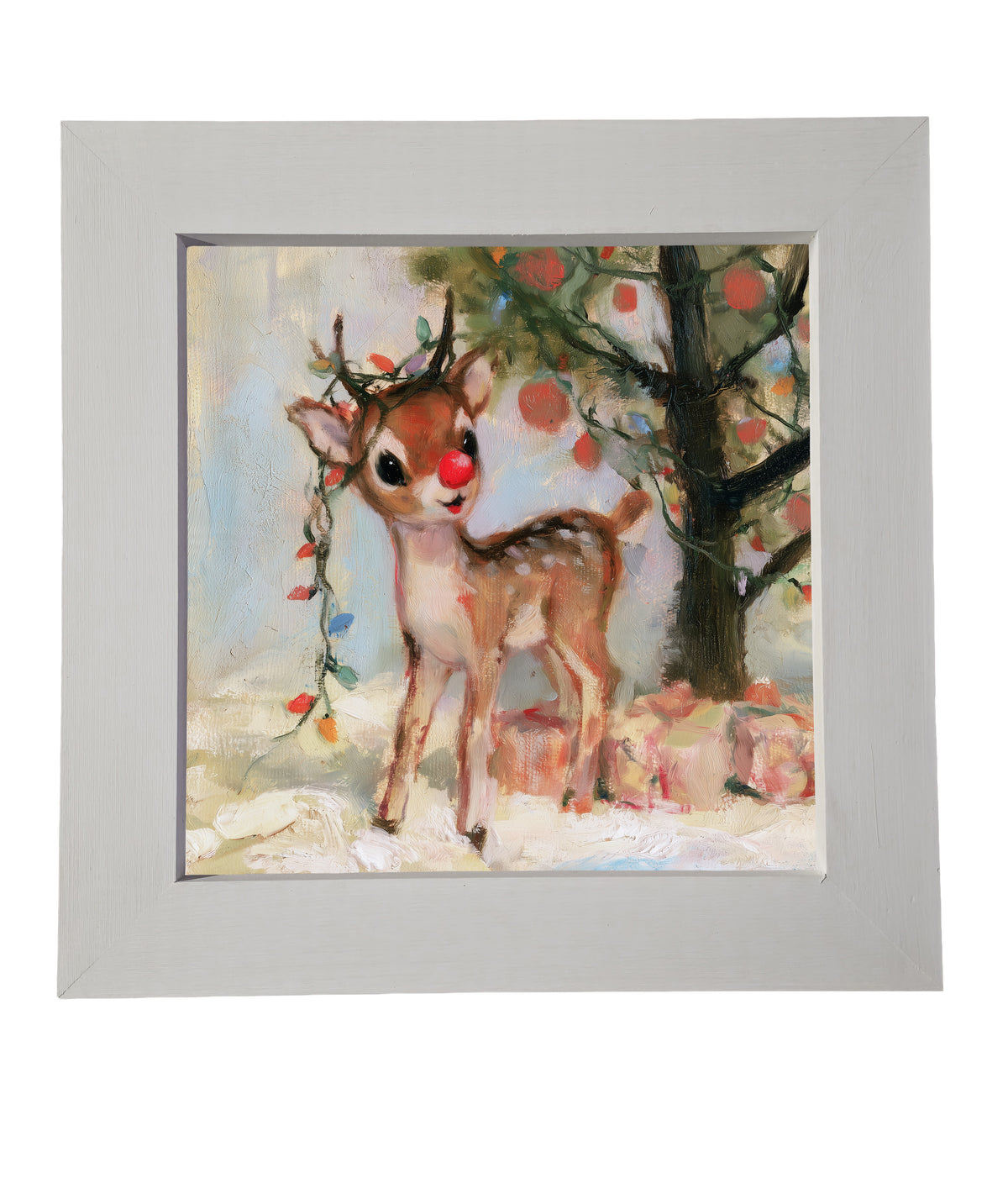 Playful red-nosed reindeer standing in a rustic woodland winter scene