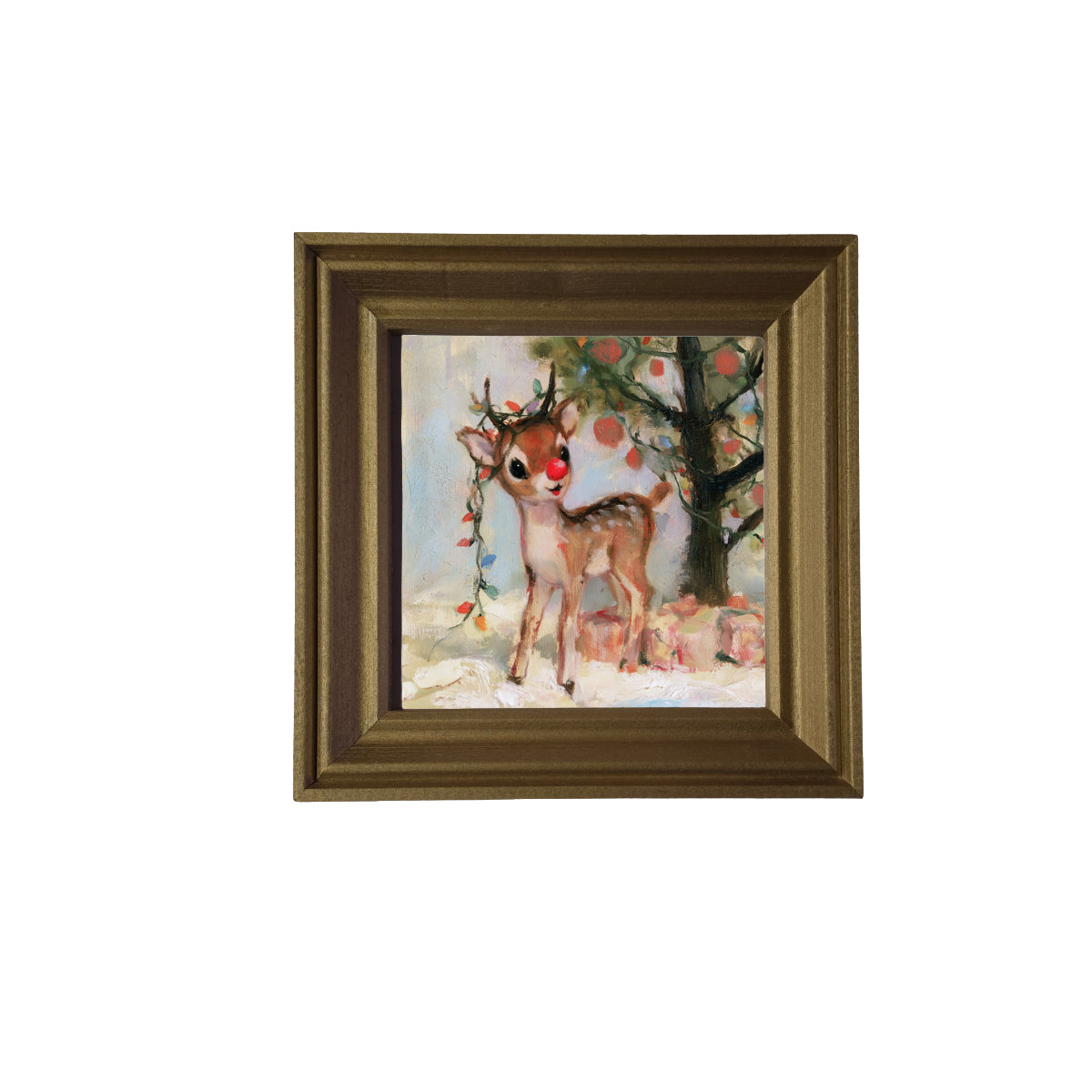 Playful red-nosed reindeer standing in a rustic woodland winter scene — product view 3
