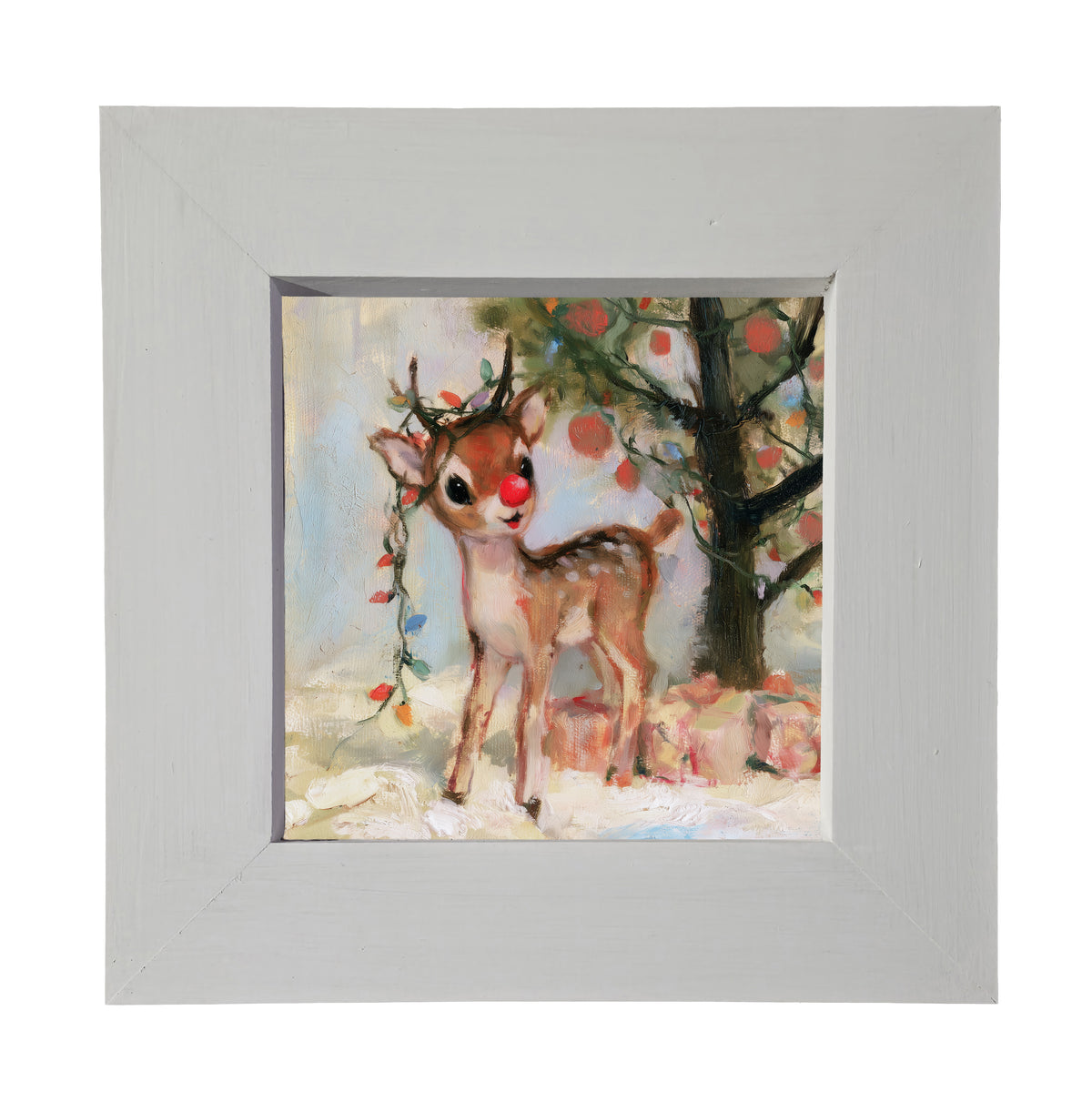 Playful red-nosed reindeer standing in a rustic woodland winter scene — product view 4