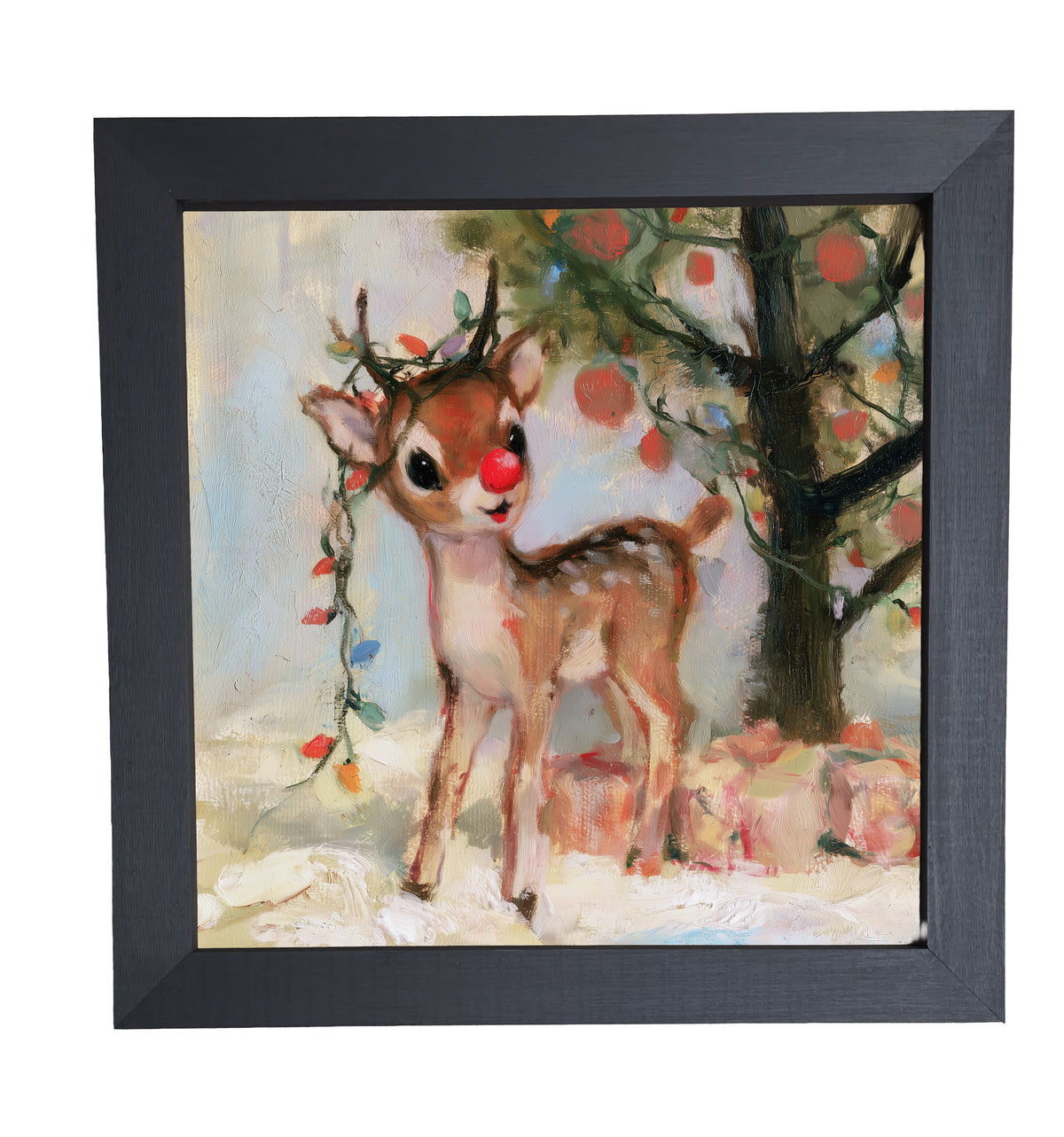 Playful red-nosed reindeer standing in a rustic woodland winter scene — product view 10