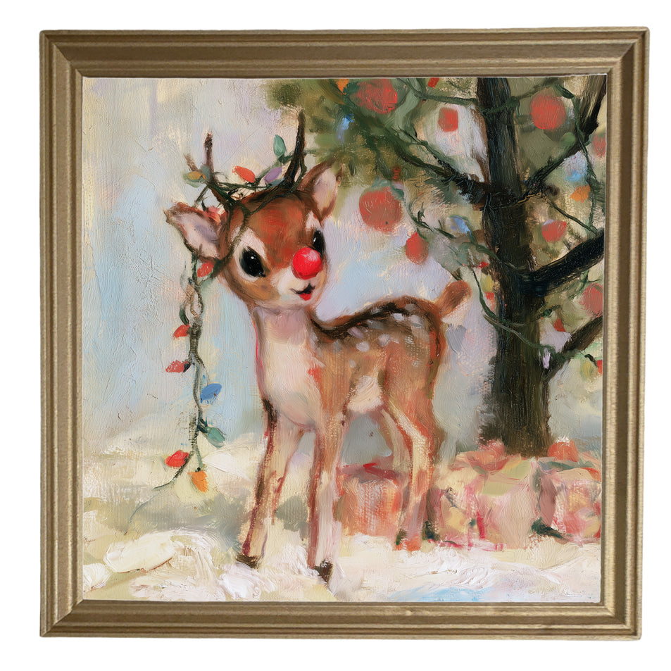 Playful red-nosed reindeer standing in a rustic woodland winter scene — product view 8