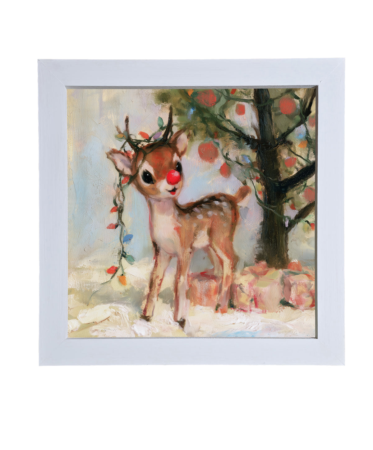Playful red-nosed reindeer standing in a rustic woodland winter scene — product view 9