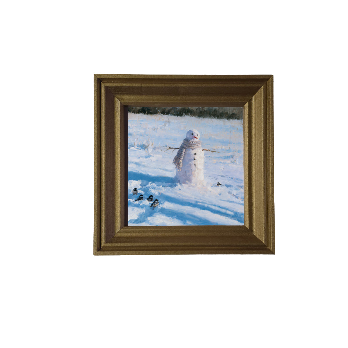 Realistic painting of a snowman with a scarf in a snowy field, surrounded by chickadees. — product view 2