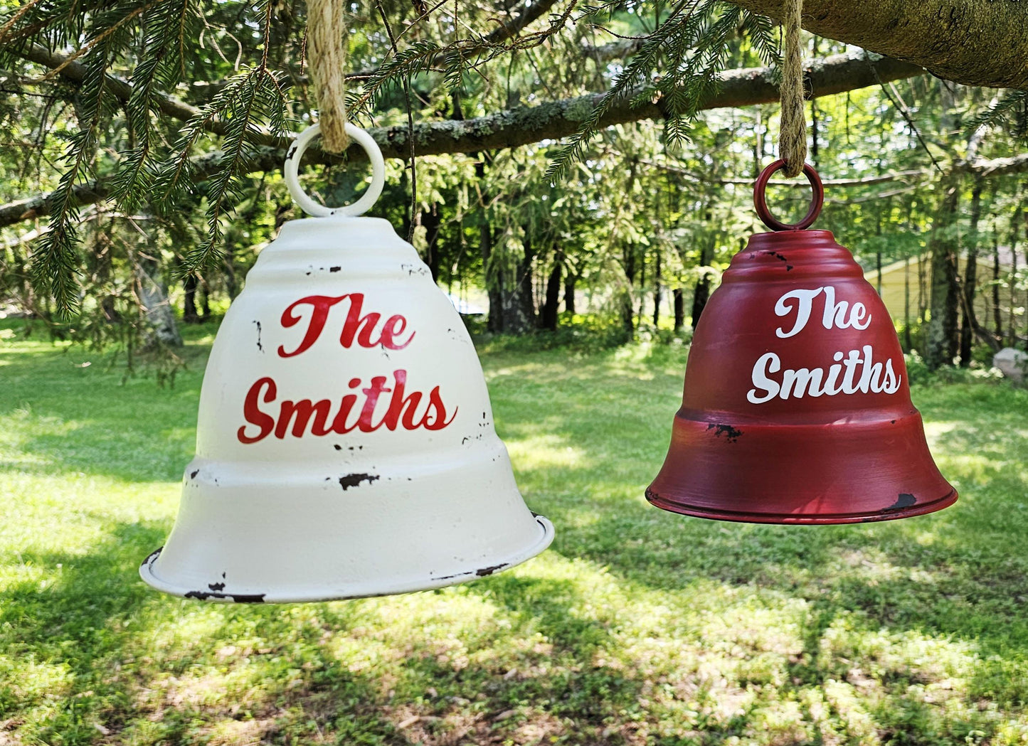 Personalized Red/White Metal Christmas Bell, Distressed Rustic Bell, Holiday Decoration, Winter Home Decor, Seasonal Decor
