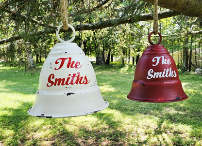 Personalized Red/White Metal Christmas Bell, Distressed Rustic Bell, Holiday Decoration, Winter Home Decor, Seasonal Decor